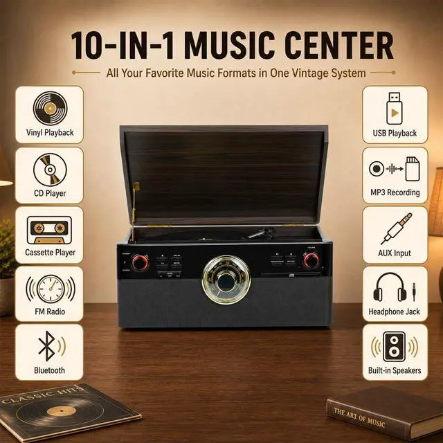 Alt view image 2 of 5 - All-in-One Record Player with CD and Cassette Player, Direct-to-USB MP3 Recording, Bluetooth, FM Radio, 3-Speed Turntable and Built-in Stereo Speakers