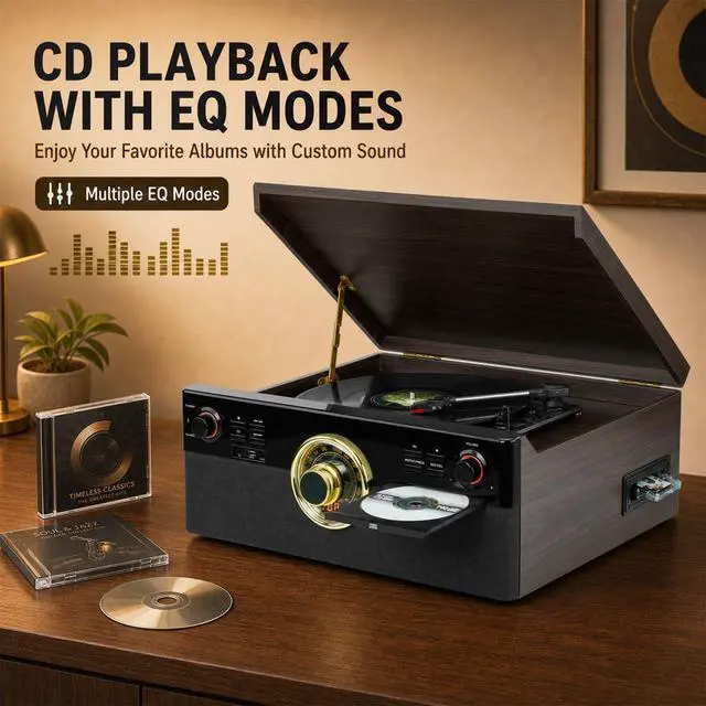 Alt view image 3 of 5 - All-in-One Record Player with CD and Cassette Player, Direct-to-USB MP3 Recording, Bluetooth, FM Radio, 3-Speed Turntable and Built-in Stereo Speakers