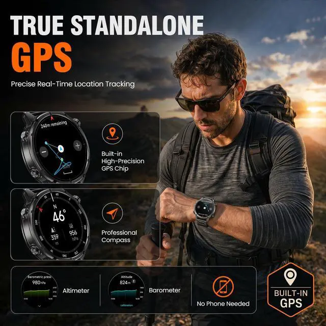 Alt view image 2 of 7 - Rugged Smart Watch for Men, Standalone GPS, 1.43" AMOLED, 3 Bands | Altimeter, Compass & Barometer, 5ATM Waterproof, 24H GPS Tracking,15-Day Battery, Bluetooth Calls, For Android & iPhone,Black