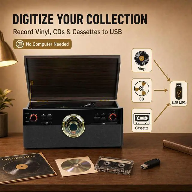 Alt view image 4 of 5 - All-in-One Record Player with CD and Cassette Player, Direct-to-USB MP3 Recording, Bluetooth, FM Radio, 3-Speed Turntable and Built-in Stereo Speakers