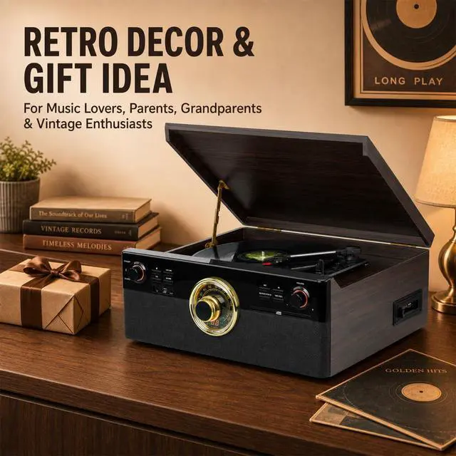 Alt view image 5 of 5 - All-in-One Record Player with CD and Cassette Player, Direct-to-USB MP3 Recording, Bluetooth, FM Radio, 3-Speed Turntable and Built-in Stereo Speakers