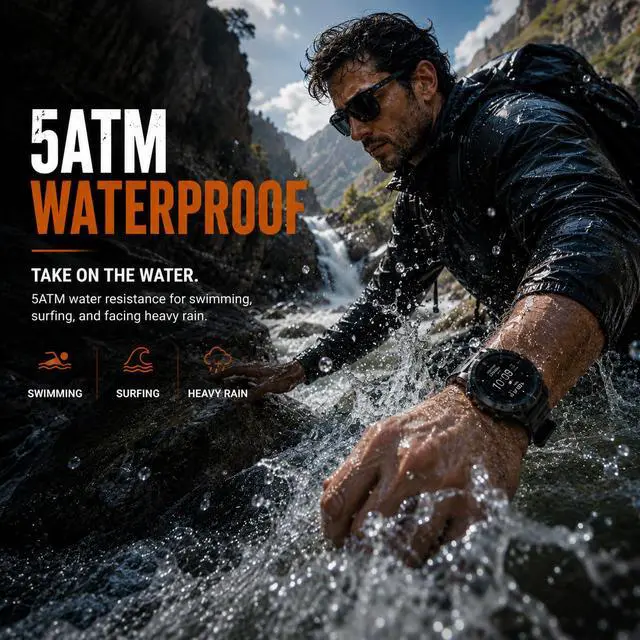 Alt view image 4 of 7 - Rugged Smart Watch for Men, Standalone GPS, 1.43" AMOLED, 3 Bands | Altimeter, Compass & Barometer, 5ATM Waterproof, 24H GPS Tracking,15-Day Battery, Bluetooth Calls, For Android & iPhone,Black