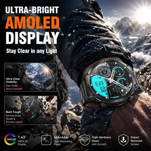 Alt view image 5 of 7 - Rugged Smart Watch for Men, Standalone GPS, 1.43" AMOLED, 3 Bands | Altimeter, Compass & Barometer, 5ATM Waterproof, 24H GPS Tracking,15-Day Battery, Bluetooth Calls, For Android & iPhone,Black