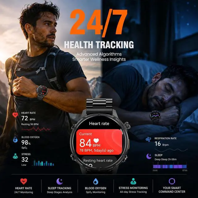 Alt view image 7 of 7 - Rugged Smart Watch for Men, Standalone GPS, 1.43" AMOLED, 3 Bands | Altimeter, Compass & Barometer, 5ATM Waterproof, 24H GPS Tracking,15-Day Battery, Bluetooth Calls, For Android & iPhone,Black