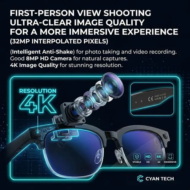 Alt view image 2 of 7 - AI Smart Glasses with Camera 1080P POV Video Recording Photochromic | Real-time audio translation & open-ear Bluetooth music call