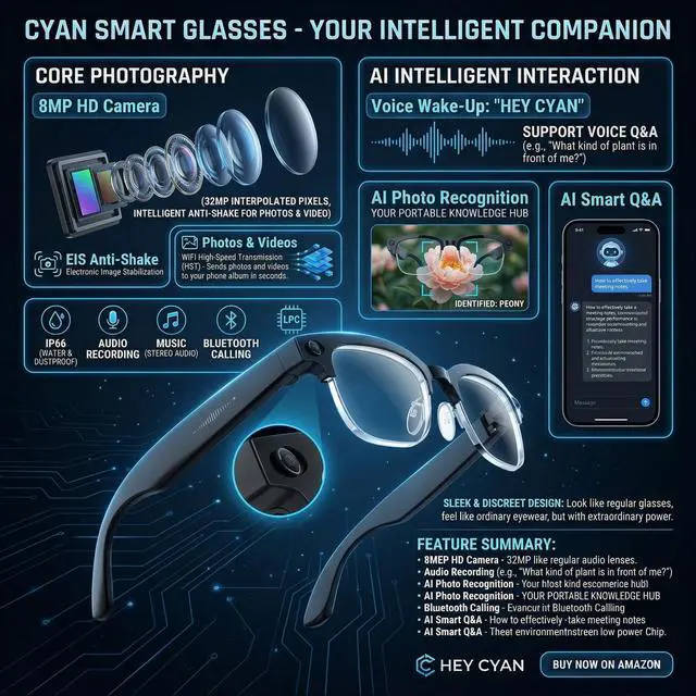 Alt view image 6 of 7 - AI Smart Glasses with Camera 1080P POV Video Recording Photochromic | Real-time audio translation & open-ear Bluetooth music call