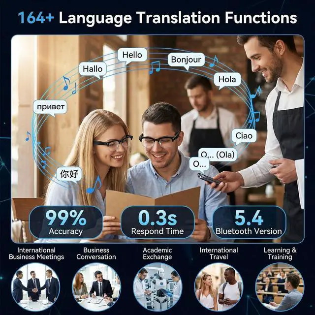 Alt view image 7 of 7 - AI Smart Glasses with Camera 1080P POV Video Recording Photochromic | Real-time audio translation & open-ear Bluetooth music call