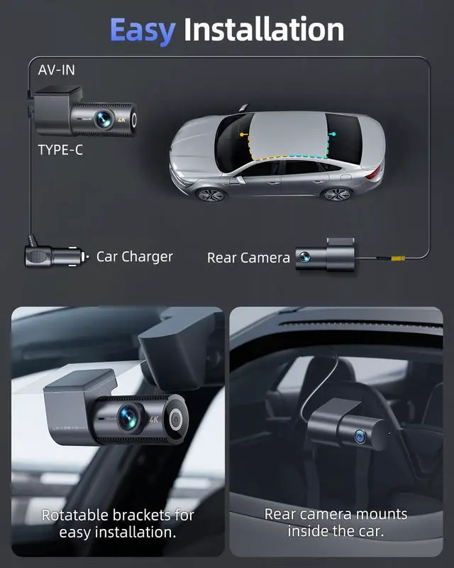 Alt view image 5 of 7 - 4K Dash Cam Front and Rear, 64GB SD Card, 5Ghz WiFi, 1.5"IPS Display | Dual 4K+1080P, App Control, 170°Night Vision, WDR, 24H Parking Mode, G-Sensor, Loop Recording, Supports 256GB Max