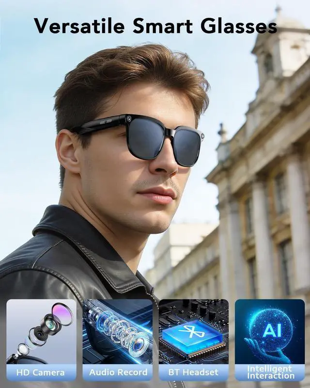 Alt view image 2 of 7 - Smart Glasses with Camera, Bluetooth Music & Call, 800W HD Camera Glasses, 1080P Video Recording, Built-in ChatGPT Voice Assistant Control for Men Women (Black)