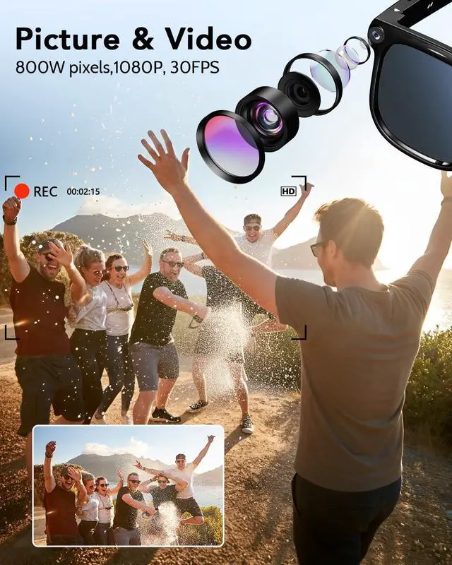 Alt view image 3 of 7 - Smart Glasses with Camera, Bluetooth Music & Call, 800W HD Camera Glasses, 1080P Video Recording, Built-in ChatGPT Voice Assistant Control for Men Women (Black)