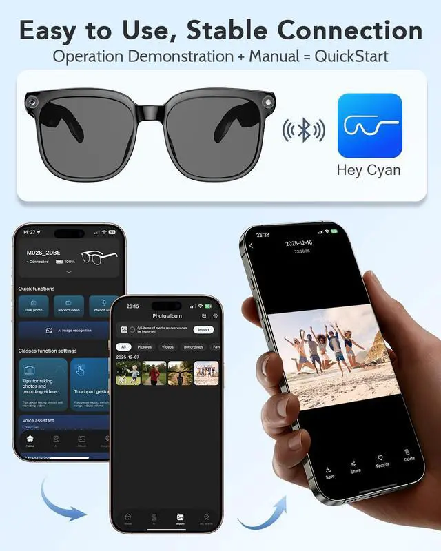 Alt view image 6 of 7 - Smart Glasses with Camera, Bluetooth Music & Call, 800W HD Camera Glasses, 1080P Video Recording, Built-in ChatGPT Voice Assistant Control for Men Women (Black)