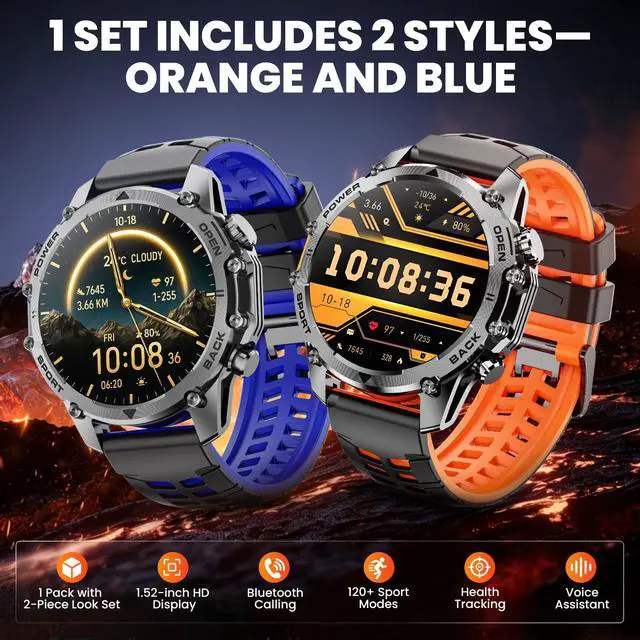 Alt view image 2 of 7 - Smart Watches for Men (Call/Notification),1.52''HD Military Smart Watch with Heart Rate/Sleep Monitor/Pedometer for Android and iOS,DIY Design Fitness Tracker,1 Pack with 2-Piece Look Set