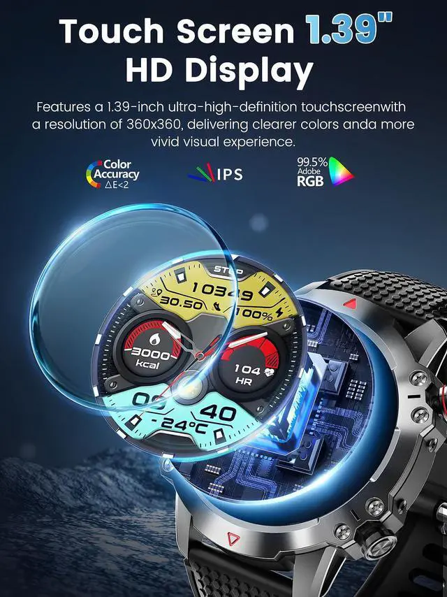 Alt view image 2 of 7 - Military Smart Watches for Men, 1.39 HD Screen Fitness Tracker with 100+ Sports, Heart Rate/SpO2/Sleep, Compass, Mens Smart Watch Answer/Make Calls Compatible with Android and iPhone