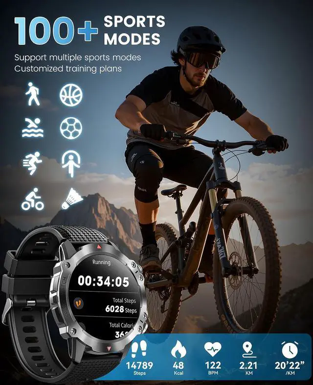 Alt view image 5 of 7 - Military Smart Watches for Men, 1.39 HD Screen Fitness Tracker with 100+ Sports, Heart Rate/SpO2/Sleep, Compass, Mens Smart Watch Answer/Make Calls Compatible with Android and iPhone