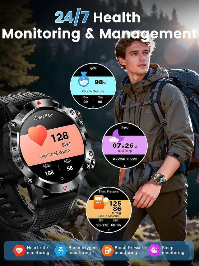 Alt view image 7 of 7 - Military Smart Watches for Men, 1.39 HD Screen Fitness Tracker with 100+ Sports, Heart Rate/SpO2/Sleep, Compass, Mens Smart Watch Answer/Make Calls Compatible with Android and iPhone