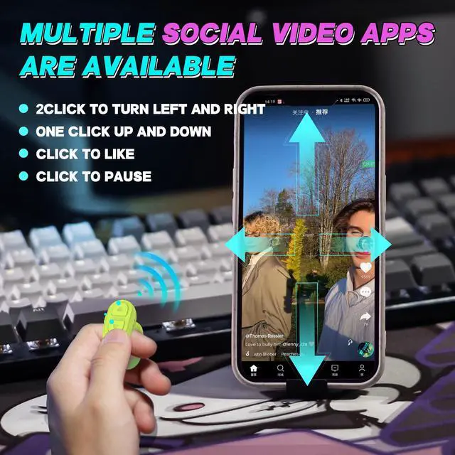 Alt view image 2 of 7 - TikTok Scrolling Ring Remote, Bluetooth Page Turner for iPhone/Android/iPad, HandsFree Scroll/Like/Next/Volume Control, Rechargeable USBC, Includes Phone Stand