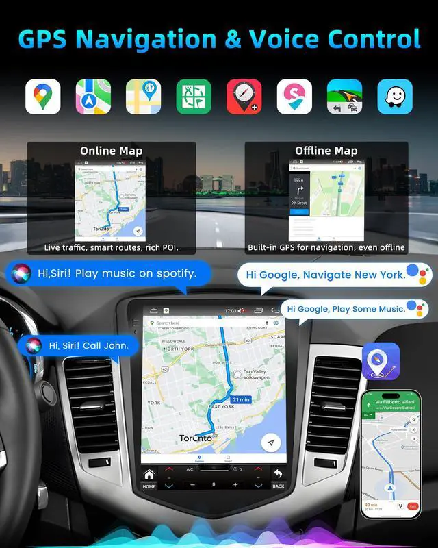 Alt view image 3 of 7 - Andriod 15 Car Stereo Radio for Chevy Cruze 2009-2015: 10.4 Inch IPS Touchscreen Wireless CarPlay Andriod Auto Bluetooth GPS Navigation 5G WiFi 1080P Backup Camera Steering Wheel Control FM