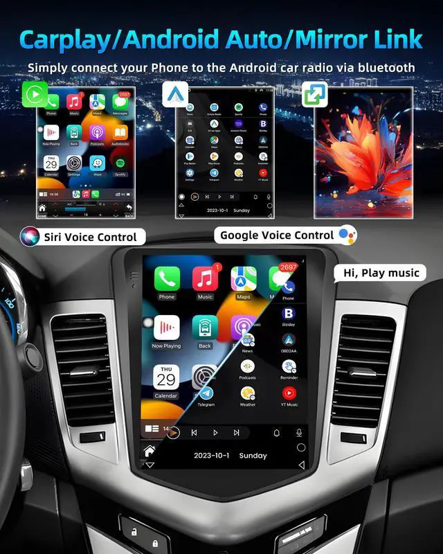 Alt view image 6 of 7 - Andriod 15 Car Stereo Radio for Chevy Cruze 2009-2015: 10.4 Inch IPS Touchscreen Wireless CarPlay Andriod Auto Bluetooth GPS Navigation 5G WiFi 1080P Backup Camera Steering Wheel Control FM