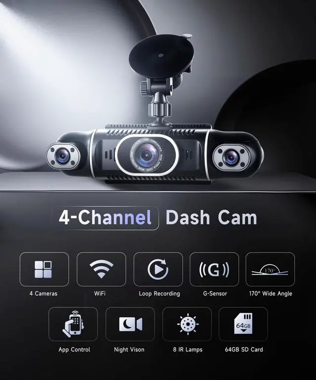 Alt view image 2 of 7 - 360° Dash Cam Front/Rear/Inside/Side 4-Channel Dash Camera FHD 2K+1080P×3 Car Dash Cam with WiFi, APP Control, 64GB SD Card Included, 8 IR Night Vision, G-Sensor, 24/7 Parking Mode