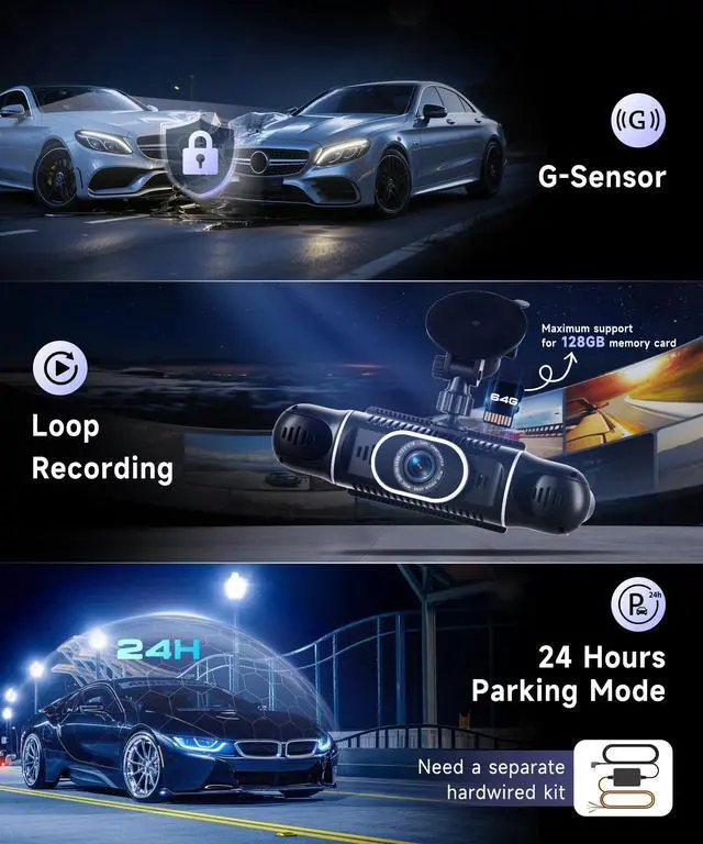 Alt view image 4 of 7 - 360° Dash Cam Front/Rear/Inside/Side 4-Channel Dash Camera FHD 2K+1080P×3 Car Dash Cam with WiFi, APP Control, 64GB SD Card Included, 8 IR Night Vision, G-Sensor, 24/7 Parking Mode
