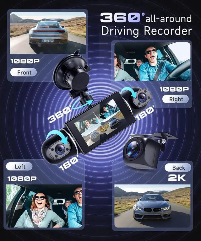 Alt view image 3 of 7 - 360° Dash Cam Front/Rear/Inside/Side 4-Channel Dash Camera FHD 2K+1080P×3 Car Dash Cam with WiFi, APP Control, 64GB SD Card Included, 8 IR Night Vision, G-Sensor, 24/7 Parking Mode