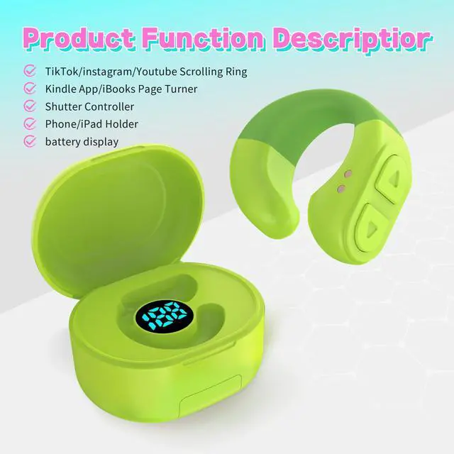 Alt view image 5 of 7 - TikTok Scrolling Ring Remote, Bluetooth Page Turner for iPhone/Android/iPad, HandsFree Scroll/Like/Next/Volume Control, Rechargeable USBC, Includes Phone Stand