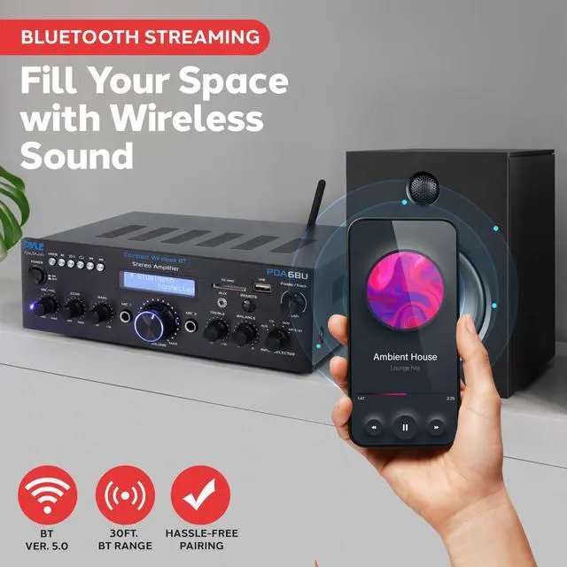 Alt view image 2 of 7 - Bluetooth Power Amplifier - 200W Dual Channel Stereo Receiver w/ Easy Karaoke - Mic In w/ Echo, USB-A mp3 Player, Aux, RCA - PDA6BU.7