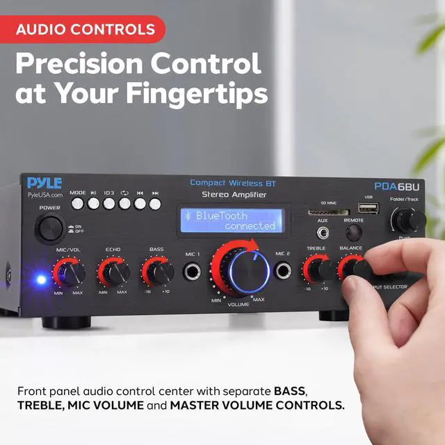 Alt view image 3 of 7 - Bluetooth Power Amplifier - 200W Dual Channel Stereo Receiver w/ Easy Karaoke - Mic In w/ Echo, USB-A mp3 Player, Aux, RCA - PDA6BU.7