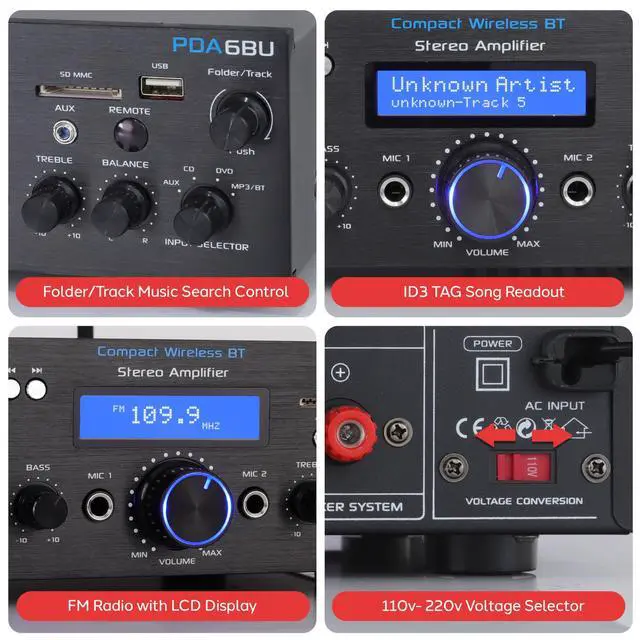 Alt view image 5 of 7 - Bluetooth Power Amplifier - 200W Dual Channel Stereo Receiver w/ Easy Karaoke - Mic In w/ Echo, USB-A mp3 Player, Aux, RCA - PDA6BU.7