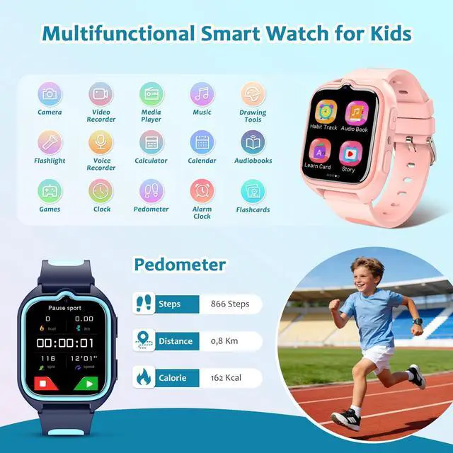 Alt view image 4 of 7 - Kids Smart Watch with 32 Puzzle Games, HD Camera & Video Recording, 1.75" Touch Screen, Flashlight,Music Player, Pedometer, Alarm Clock,Stopwatch,Kids Watch for Boys Ages 4-12