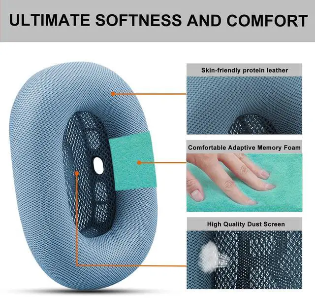 Alt view image 3 of 7 - Premium Replacement Ear Cushions for Apple AirPods Max Headphone, Protein Leather Memory Foam Earpads (Leather-Blue)