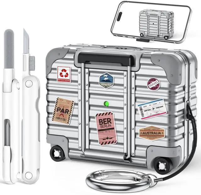 Main image of for AirPods Pro 3 Case 2025 with Lock and Phone Stand,Silver | Cute Funny Suitcase Design Hard Protection Cover for AirPods Pro 3rd Generation with Cleaner Kit & Keychain,for Women Men