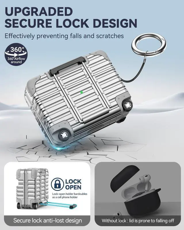 Alt view image 3 of 7 - for AirPods Pro 3 Case 2025 with Lock and Phone Stand,Silver | Cute Funny Suitcase Design Hard Protection Cover for AirPods Pro 3rd Generation with Cleaner Kit & Keychain,for Women Men
