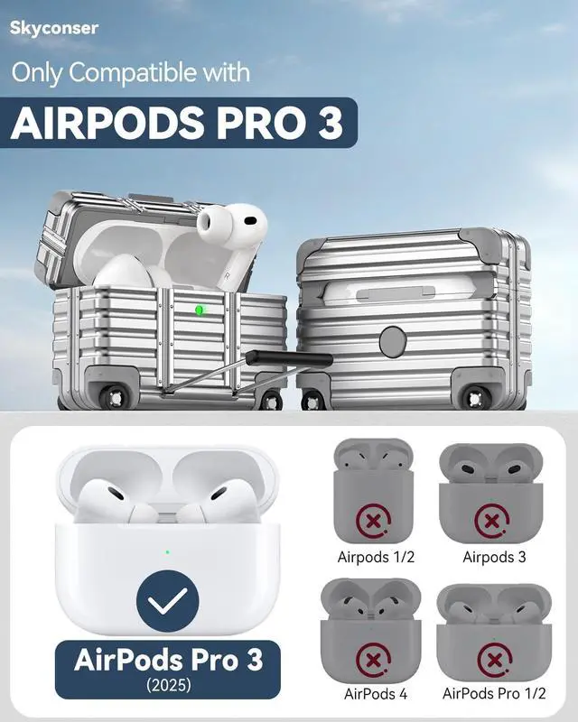 Alt view image 2 of 7 - for AirPods Pro 3 Case 2025 with Lock and Phone Stand,Silver | Cute Funny Suitcase Design Hard Protection Cover for AirPods Pro 3rd Generation with Cleaner Kit & Keychain,for Women Men