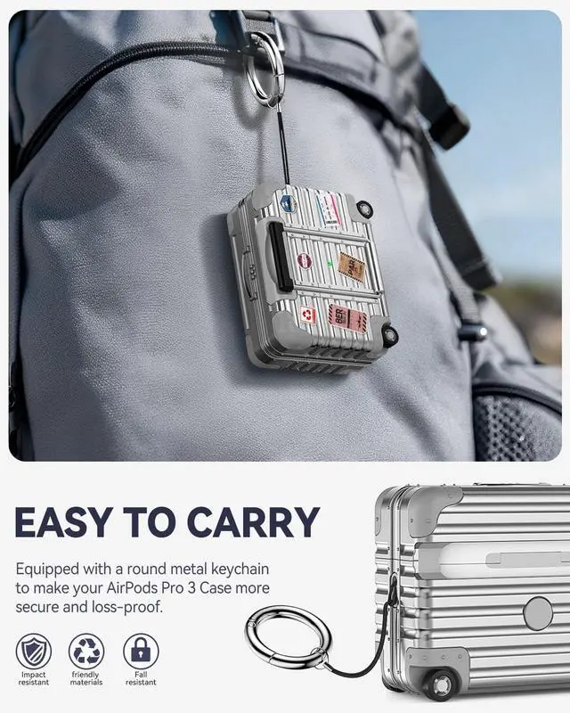 Alt view image 7 of 7 - for AirPods Pro 3 Case 2025 with Lock and Phone Stand,Silver | Cute Funny Suitcase Design Hard Protection Cover for AirPods Pro 3rd Generation with Cleaner Kit & Keychain,for Women Men