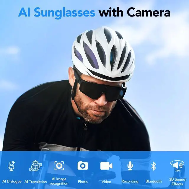 Alt view image 7 of 7 - Sporty AI Bluetooth Smart Glasses with Camera for Cycling & Hiking Unisex |, IP54 Waterproof, Detachable Inner Lense, 1200P EIS Pro-Stabilized Recording, Dual-Mic ENC Noise-Reduction, Black