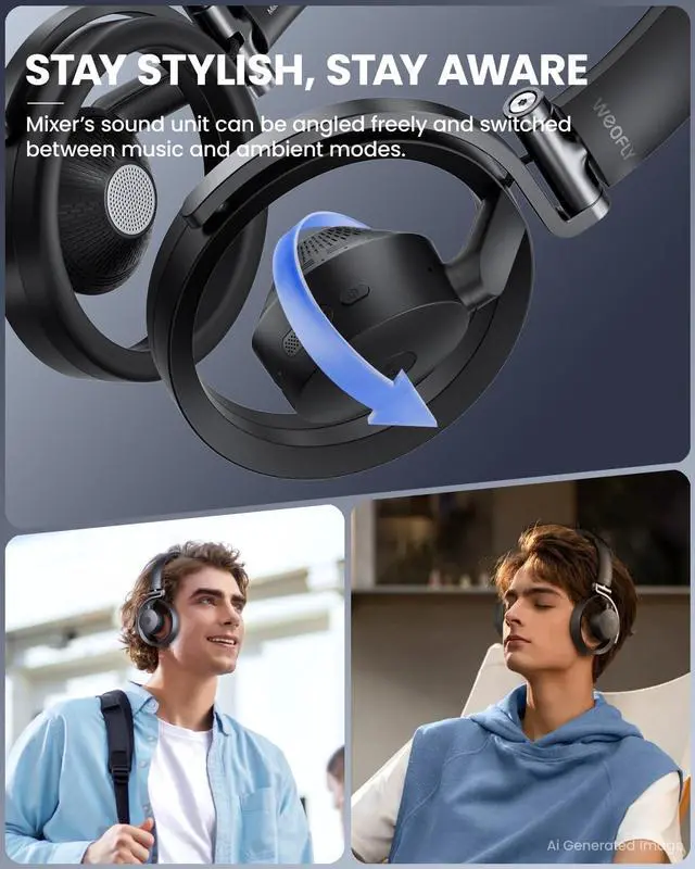 Alt view image 6 of 7 - Mixer Open Ear Headphones, Wireless Headphones with Qualcomm aptX HD, Snapdragon Sound, Comfortable Breathable Open Fit, 40-Hour Playtime, Open Back Headphones with Carrying Case (Black)