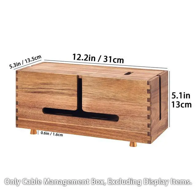 Alt view image 2 of 6 - Acacia Wood Cable Management Box - Wooden Cord Hider with 4 Metal Feet, Organizer for Desk & Floor, Power Strip TV Wire Concealer, Under Desk Storage for Office, Home Electrical Cables