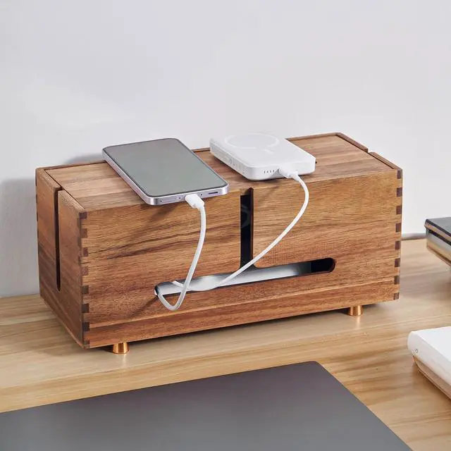 Main image of Acacia Wood Cable Management Box - Wooden Cord Hider with 4 Metal Feet, Organizer for Desk & Floor, Power Strip TV Wire Concealer, Under Desk Storage for Office, Home Electrical Cables