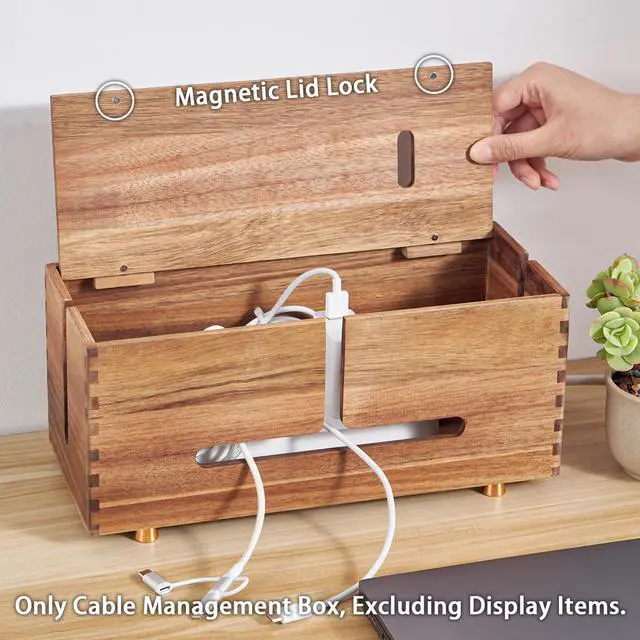 Alt view image 3 of 6 - Acacia Wood Cable Management Box - Wooden Cord Hider with 4 Metal Feet, Organizer for Desk & Floor, Power Strip TV Wire Concealer, Under Desk Storage for Office, Home Electrical Cables