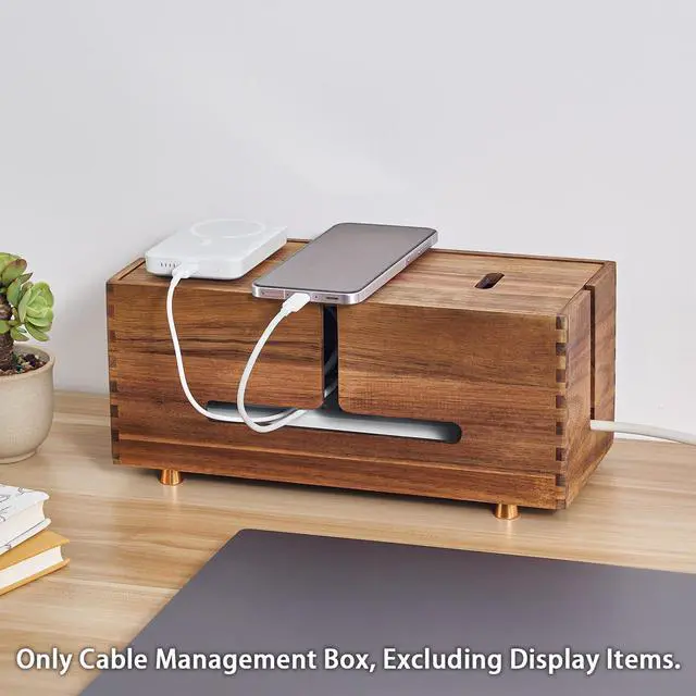 Alt view image 5 of 6 - Acacia Wood Cable Management Box - Wooden Cord Hider with 4 Metal Feet, Organizer for Desk & Floor, Power Strip TV Wire Concealer, Under Desk Storage for Office, Home Electrical Cables