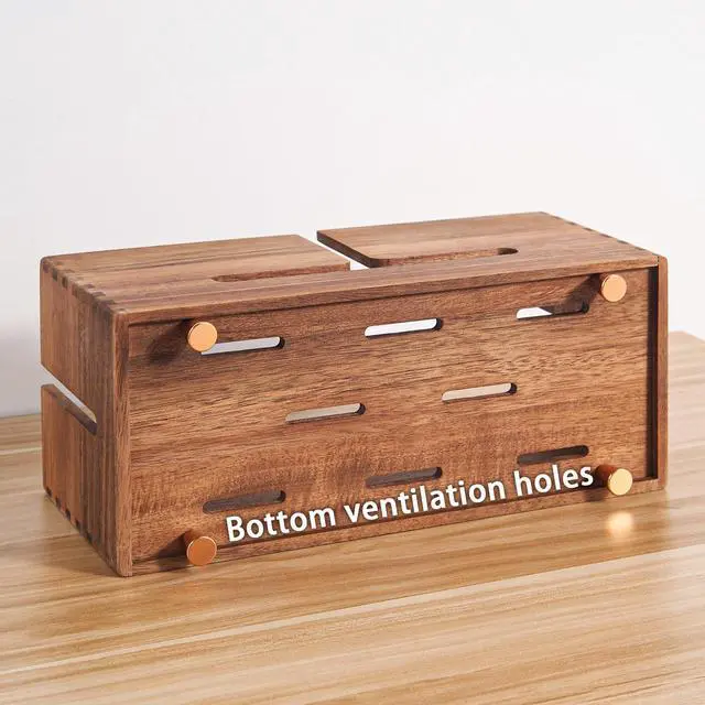 Alt view image 4 of 6 - Acacia Wood Cable Management Box - Wooden Cord Hider with 4 Metal Feet, Organizer for Desk & Floor, Power Strip TV Wire Concealer, Under Desk Storage for Office, Home Electrical Cables