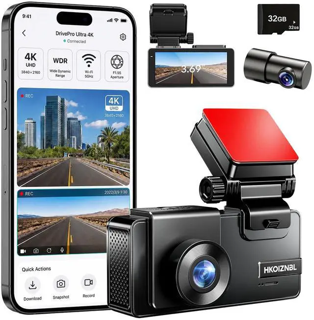 Main image of 4K+2.5K Dual Dash Cam Front Rear F1.4 Night Vision Dash Camera | 3.69" LCD, 32GB, 5.8G WiFi. 24/7 parking monitor with G-Sensor auto-lock. Loop recording. WDR. 170° wide, -4°F~185°F