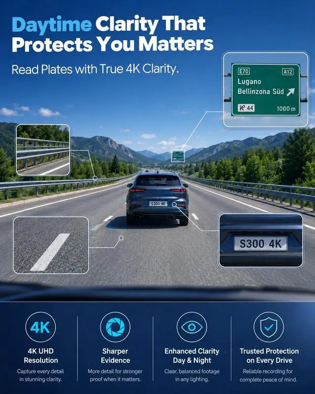 Alt view image 3 of 7 - 4K+2.5K Dual Dash Cam Front Rear F1.4 Night Vision Dash Camera | 3.69" LCD, 32GB, 5.8G WiFi. 24/7 parking monitor with G-Sensor auto-lock. Loop recording. WDR. 170° wide, -4°F~185°F