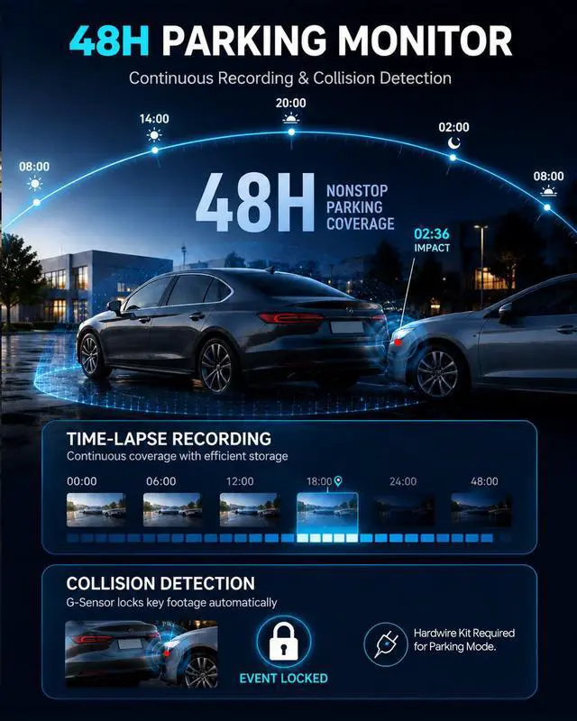 Alt view image 4 of 7 - 4K+2.5K Dual Dash Cam Front Rear F1.4 Night Vision Dash Camera | 3.69" LCD, 32GB, 5.8G WiFi. 24/7 parking monitor with G-Sensor auto-lock. Loop recording. WDR. 170° wide, -4°F~185°F