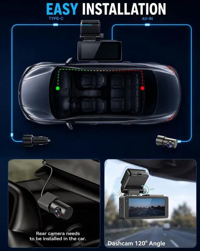 Alt view image 5 of 7 - 4K+2.5K Dual Dash Cam Front Rear F1.4 Night Vision Dash Camera | 3.69" LCD, 32GB, 5.8G WiFi. 24/7 parking monitor with G-Sensor auto-lock. Loop recording. WDR. 170° wide, -4°F~185°F