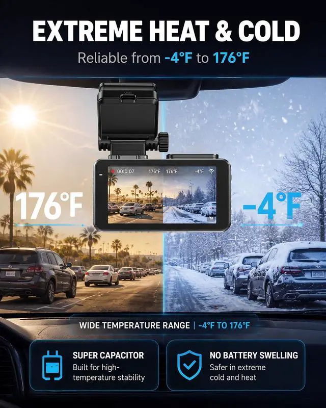 Alt view image 6 of 7 - 4K+2.5K Dual Dash Cam Front Rear F1.4 Night Vision Dash Camera | 3.69" LCD, 32GB, 5.8G WiFi. 24/7 parking monitor with G-Sensor auto-lock. Loop recording. WDR. 170° wide, -4°F~185°F