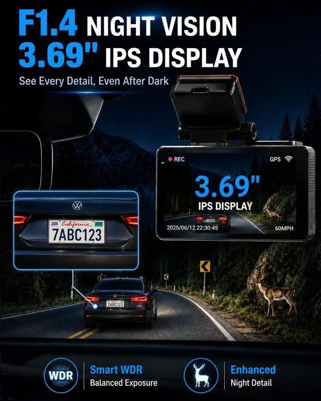 Alt view image 7 of 7 - 4K+2.5K Dual Dash Cam Front Rear F1.4 Night Vision Dash Camera | 3.69" LCD, 32GB, 5.8G WiFi. 24/7 parking monitor with G-Sensor auto-lock. Loop recording. WDR. 170° wide, -4°F~185°F