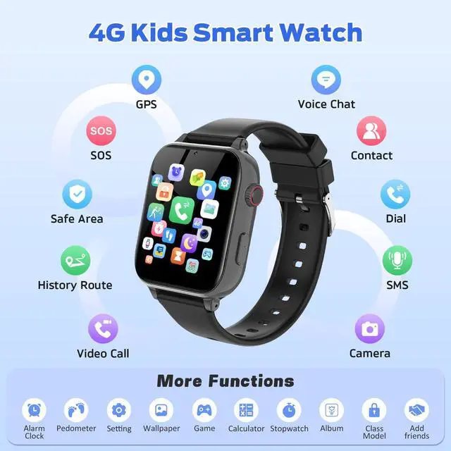 Alt view image 2 of 7 - 4G Kids Smart Watch with GPS Tracker, Video Call & Texting, Smart Watch for Kids with SIM Card, SOS, School Mode, HD Camera, Pedometer, Kid Watch Gift for Boys Girls Age 4-12, Black
