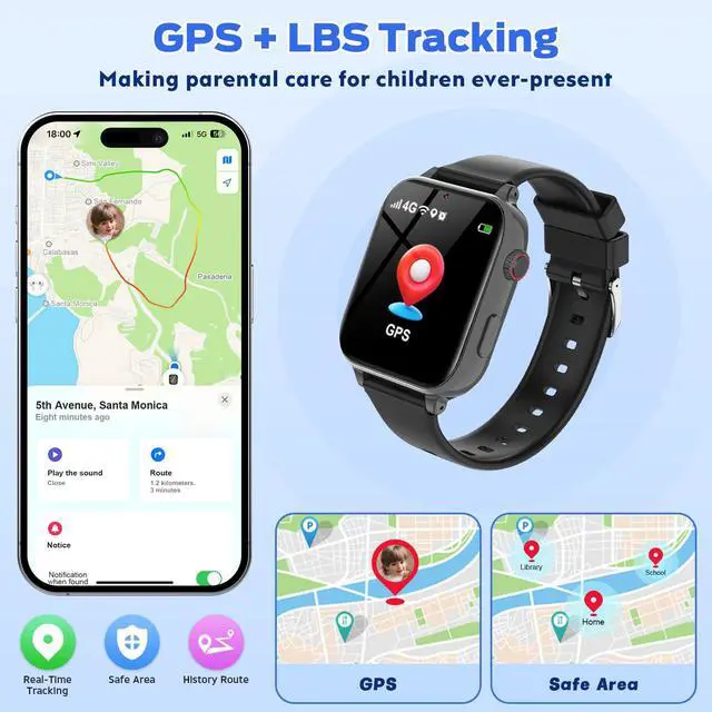 Alt view image 3 of 7 - 4G Kids Smart Watch with GPS Tracker, Video Call & Texting, Smart Watch for Kids with SIM Card, SOS, School Mode, HD Camera, Pedometer, Kid Watch Gift for Boys Girls Age 4-12, Black